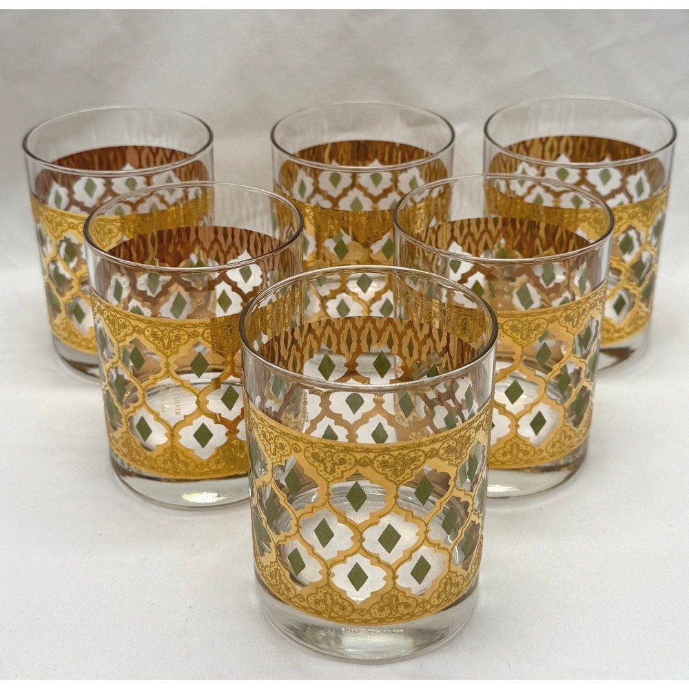 Culver Vintage 22k Gold Green White Diamond Trellis Rocks Glass Set of 6 USA EUC